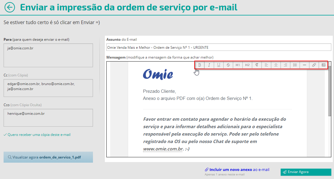 Enviar a impressão da ordem de serviço por e-mail