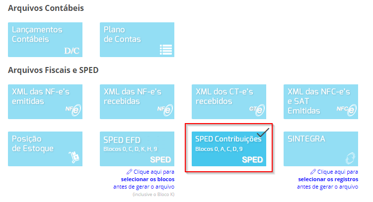 SPED Contribuições - Blocos 0, A, C, D, 9